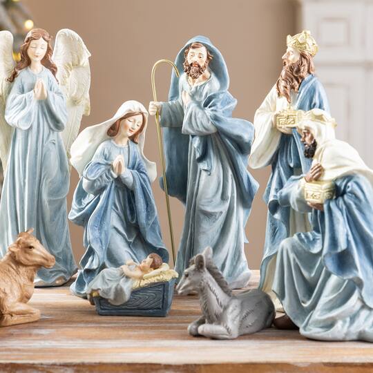 Glitzhome® 10-Piece 9.75" Celestial Blue Resin Christmas Nativity Figurine Set